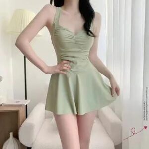Sleeveless V-Neck Plain Ruched Swimdress Green 281350303