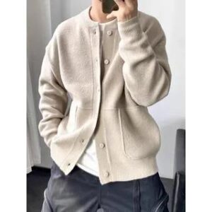 Crewneck Button-Up Plain Cardigan Almond 281350361
