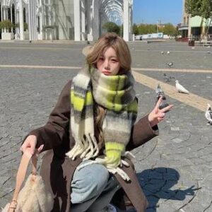 Color Block Fringed Scarf Green & Coffee - 200cm 281350388