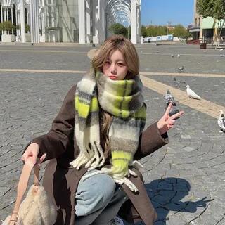 Color Block Fringed Scarf Green & Coffee - 200cm by Frior