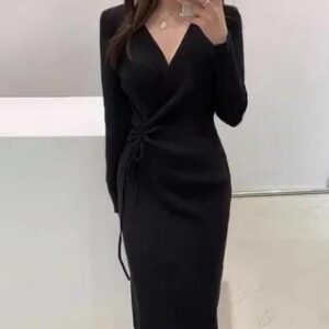 Long-Sleeve V-Neck Plain Drawstring Ruched Midi Sheath Knit Dress Black 281350400
