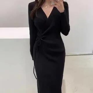 Long-Sleeve V-Neck Plain Drawstring Ruched Midi Sheath Knit Dress Black by Yilda