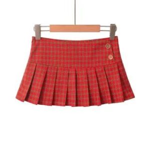 Low Waist Plaid Mini A-Line Pleated Skirt Red 281350425