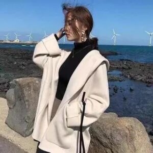 Hooded Plain Open Front Coat Off-White 281350471