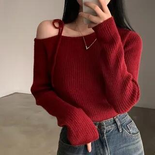 Long-Sleeve Cold-Shoulder Plain Ribbed Knit Top Red by Sosana