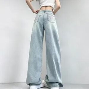 High Waist Embroidered Washed Wide Leg Jeans Light Blue 281350515