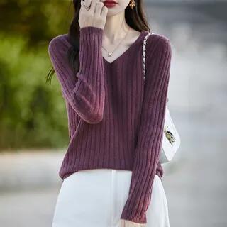 Long-Sleeve V-Neck Ribbed Knit Top Fuchsia by Daybreak