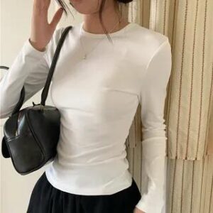 Long-Sleeve Round Neck Plain Tee White 281350540