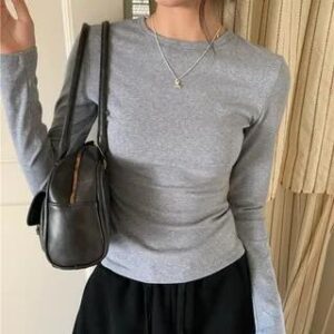 Long-Sleeve Round Neck Plain Tee Gray 281350544