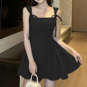 Spaghetti Strap Square Neck Plain Ruffle Hem Mini A-Line Dress Black 281350554