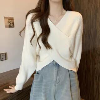 V-Neck Plain Wrap Ribbed Knit Cropped Sweater White by Sisyphi