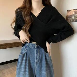 V-Neck Plain Wrap Ribbed Knit Cropped Sweater Black by Sisyphi