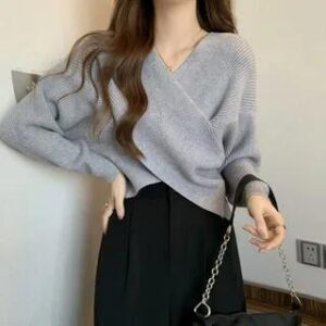 V-Neck Plain Wrap Ribbed Knit Cropped Sweater Gray 281350573