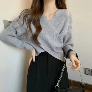 V-Neck Plain Wrap Ribbed Knit Cropped Sweater Gray by Sisyphi