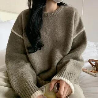 Round Neck Contrast Trim Sweater Off-White by Sienne