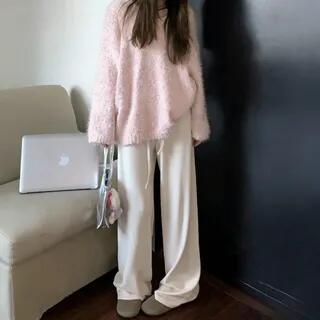 Scoop Neck Plain Sweater / Drawstring Waist Wide Leg Pants Sweater - White by ANORA