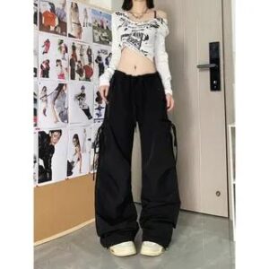 Drawstring Mid Rise Plain Baggy Cargo Pants Black 281350752