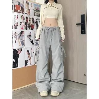Drawstring Mid Rise Plain Baggy Cargo Pants Gray by Melon Juice