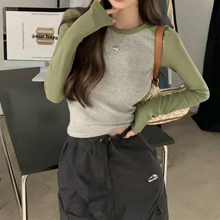 Long-Sleeve Crew Neck Raglan Slim Fit Tee Green & Gray by Cloud Nine