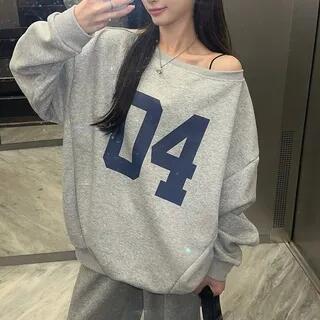 Off Shoulder Numbering Pullover Sweatshirt - Gray by satierra