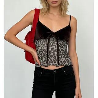 Spaghetti Strap / Long Sleeve V-Neck Leopard Print Slim-Fit Cami Top Long Sleeve - Brown by Sosana