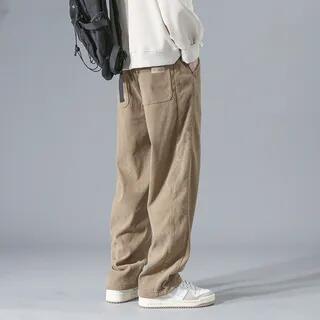 Mid-Rise Plain Straight-Cut Loose Pants Khaki by Lingaris
