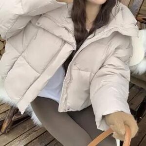 Stand Collar Plain Hood Zip Puffer Jacket Beige 281350973