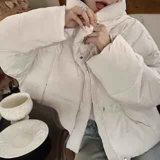 Stand Collar Plain Hood Zip Puffer Jacket White by PINPI
