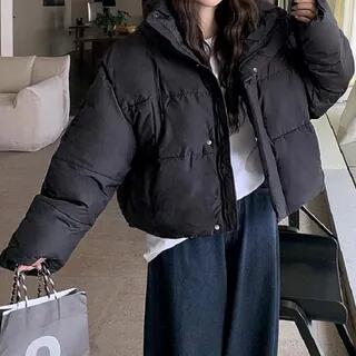 Stand Collar Plain Hood Zip Puffer Jacket Black by PINPI