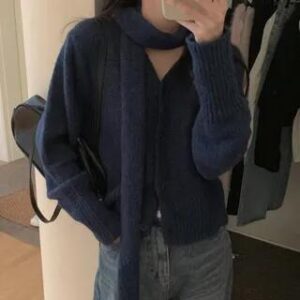 V-Neck Button-Up Top / Scarf Set of 2 - Cardigan & Scarf - Blue 281351034