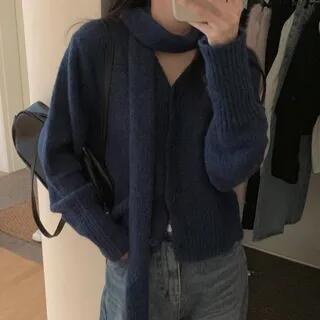 V-Neck Button-Up Top / Scarf Set of 2 - Cardigan & Scarf - Blue by Ukiyo