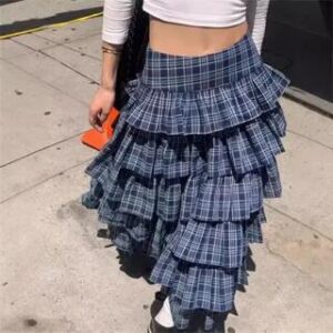 High Waist Plaid Maxi Layered Skirt Blue 281351060