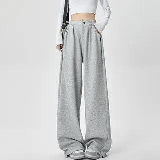 Elastic Waist Plain Wide Leg Sweatpants Melange Gray by Dovitade