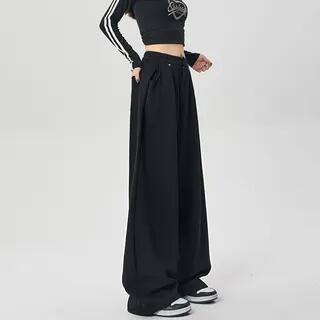 Elastic Waist Plain Wide Leg Sweatpants Black by Dovitade