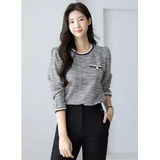 Contrast-Trim Tweed Blouse Navy Blue by Styleonme