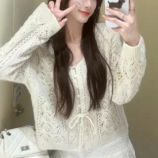 V-Neck Button-Up Top Cardigan - Milky White by Trendycas