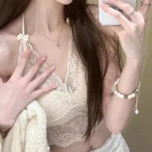 Halter V-Neck Plain Bow Lace Top Top - Milky White 281351359