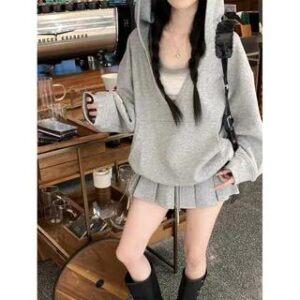 Puff-Sleeve V-Neck Plain Oversized Hoodie / Scoop Neck Tank Top / Pleated Mini A-Line Skirt Hoodie - Gray 281351361