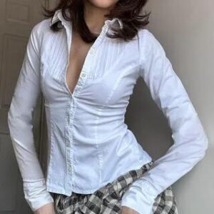 Long Sleeve Plain Ruched Slim-Fit Shirt White 281351374
