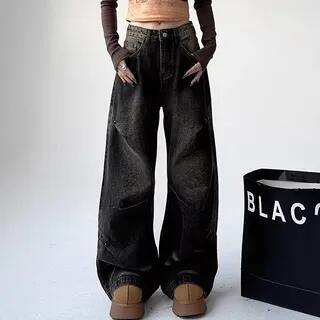 Low Waist Washed Wide Leg Jeans Black by Rosesand