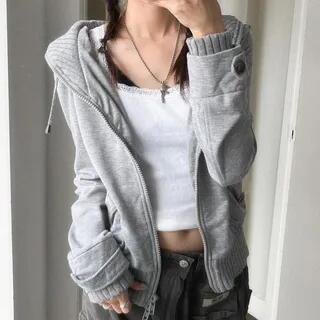Long Sleeve Plain Ribbed-Knit Loose-Fit Hooded Jacket Gray by Sosana