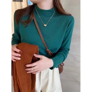 Long-Sleeve Mock Neck Plain Knit Top 073 - Forest Green by Shinsei