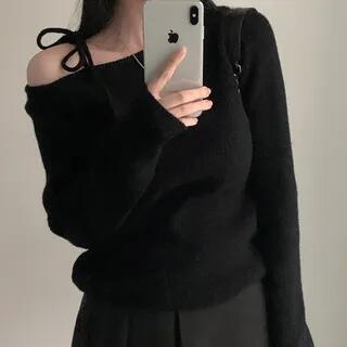 Cold Shoulder Plain Ribbed Knit Sweater Black by Sienne