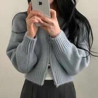 Round Neck Plain Zip Cardigan Light Blue by Coris