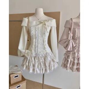 Set: Long Sleeve Off Shoulder Plain Bow Ruffle Lace Up Top + High Waist Tiered Mini A-Line Skirt Set - Almond 281351733