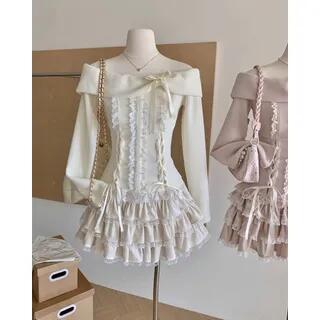 Set: Long Sleeve Off Shoulder Plain Bow Ruffle Lace Up Top + High Waist Tiered Mini A-Line Skirt Set - Almond by Dute