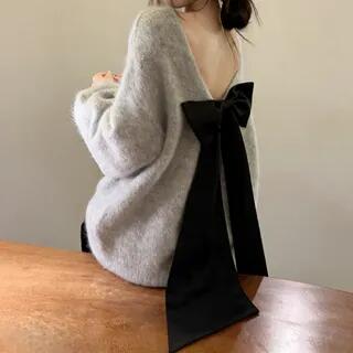 Puff-Sleeve Plain Open Back Bow Oversized Sweater Gray by Magma