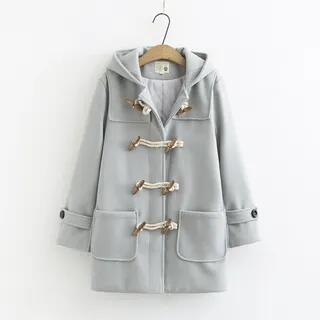 Hooded Plain Toggle Duffle Coat Green by Suzette