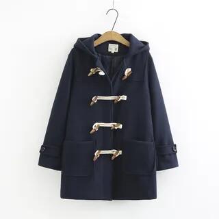 Hooded Plain Toggle Duffle Coat Navy Blue by Suzette