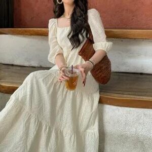 Maternity 3/4-Sleeve Square Neck Plain Perforated Maxi A-Line Dress Off-White 281359287